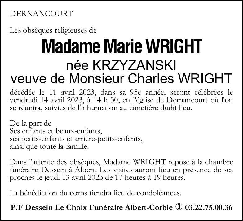 Avis de décès Marie WRIGHT