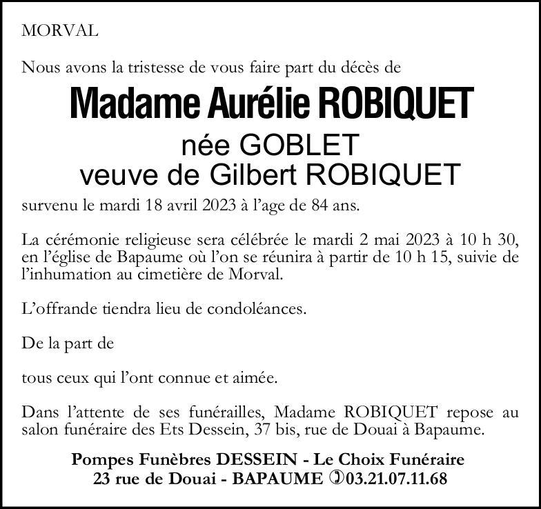Avis de décès - Mme Aurélie ROBIQUET née GOBLET