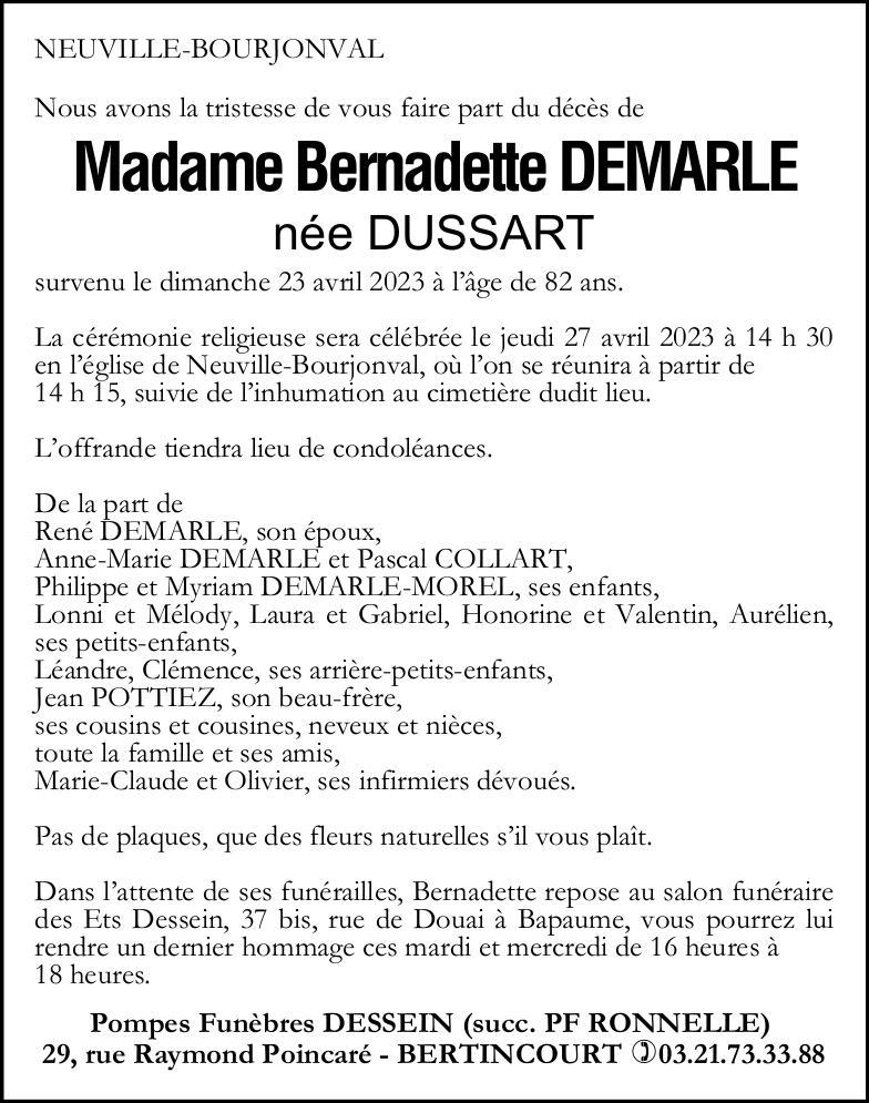 Avis de décès - Mme Bernadette DEMARLE née DUSSART
