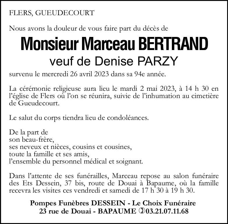 Avis de décès - Monsieur Marceau BERTRAND