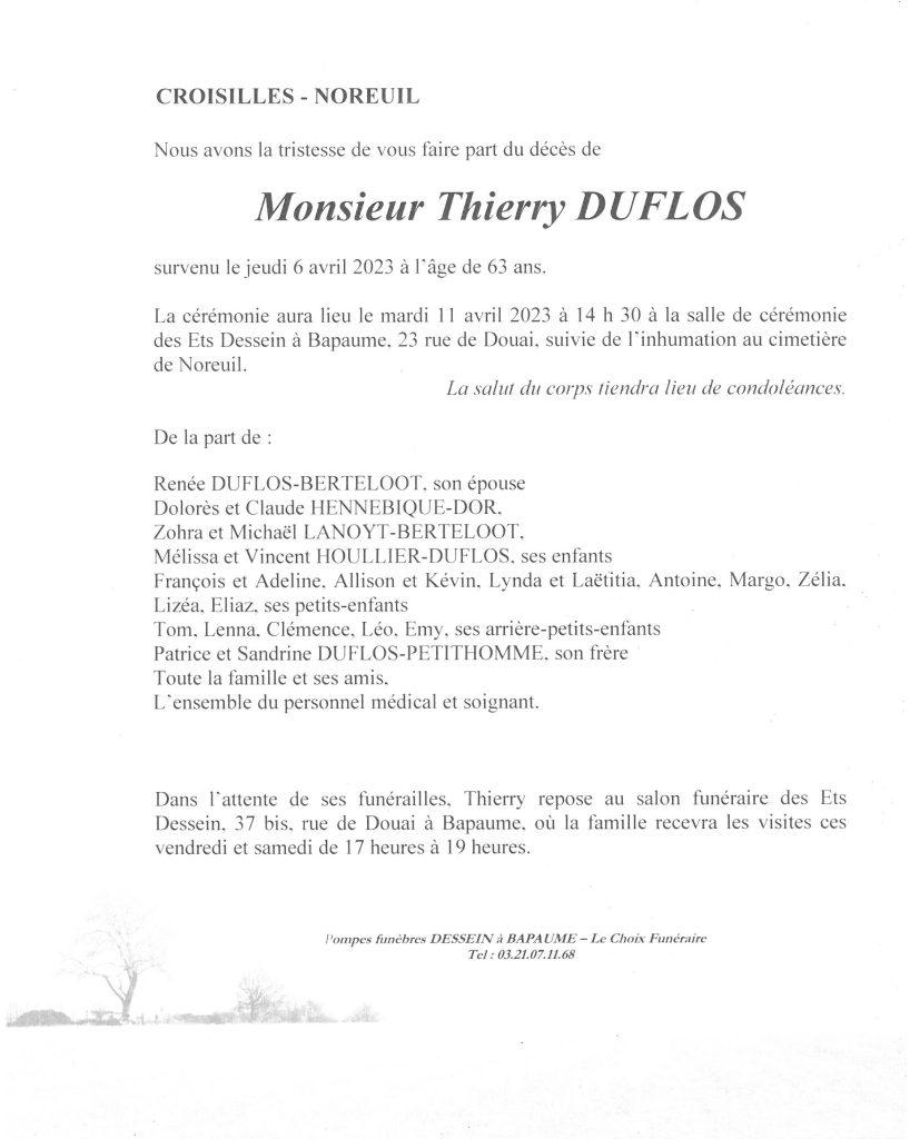 Avis de décès - Monsieur Thierry DUFLOS