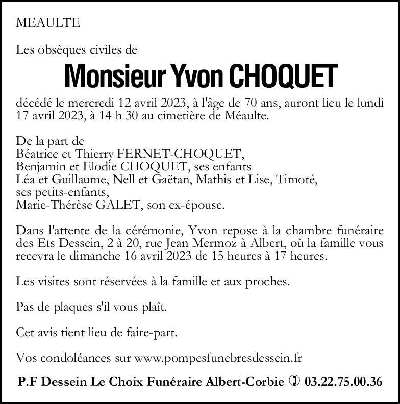 Avis de décès Yvon CHOQUET