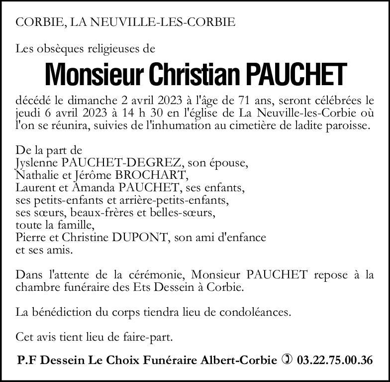Avis de décès de Monsieur Christian PAUCHET