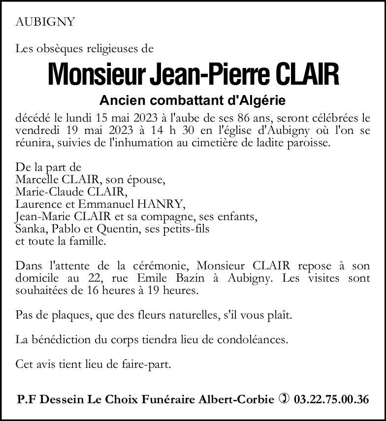 Avis de décès Jean-Pierre CLAIR
