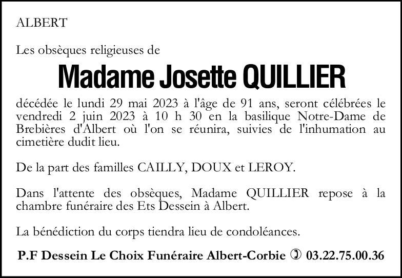 Avis de décès Josette QUILLIER