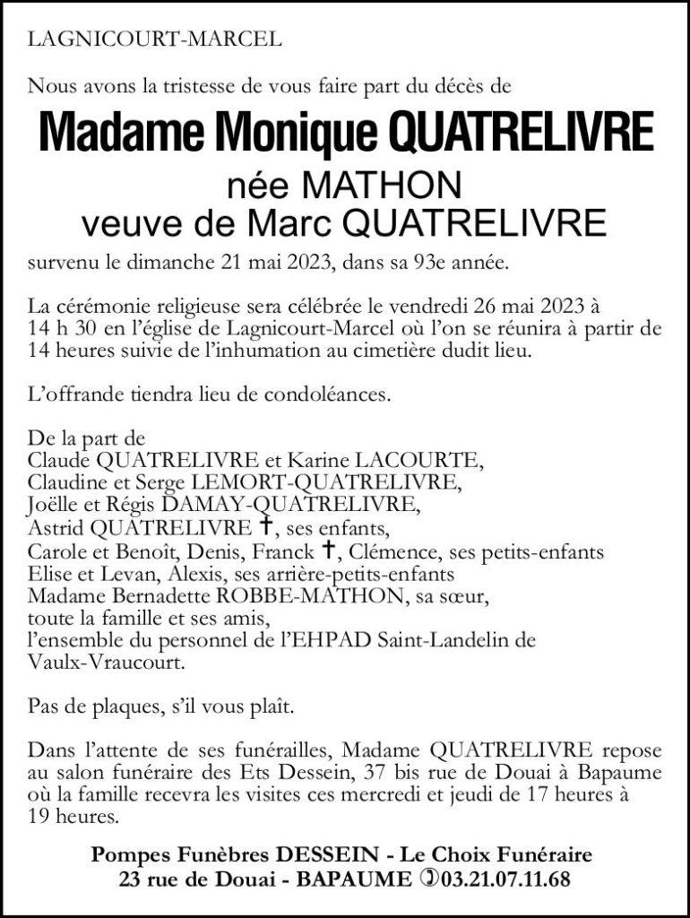 Avis de dècès - Madame Monique QUATRELIVRE née MATHON