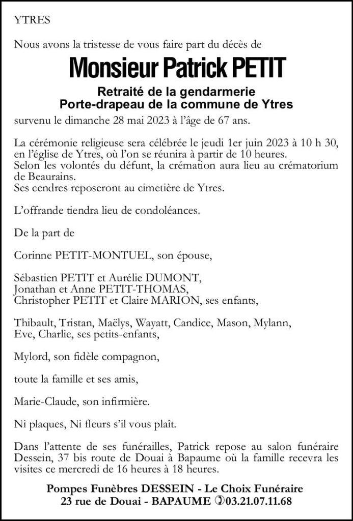 Avis de décès - Monsieur Patrick PETIT