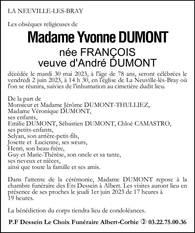 Avis de décès Yvonne DUMONT