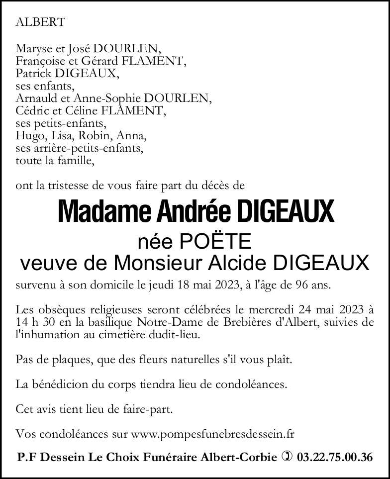 Avis de décès de Madame Andrée DIGEAUX née POËTE
