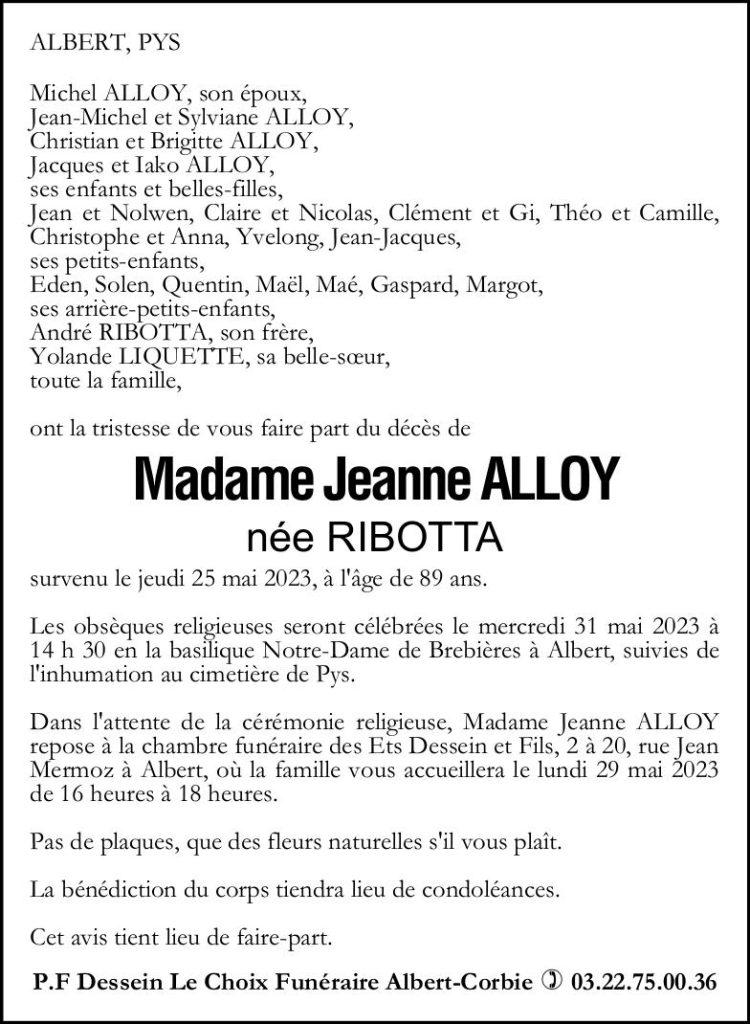 Avis de décès de Madame Jeanne ALLOY née RIBOTTA