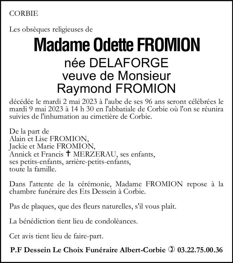 Avis de décès de Madame Odette FROMION née DELAFORGE