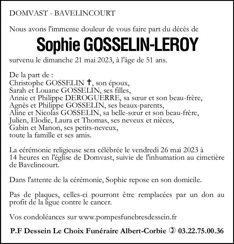 Avis de décès de Madame Sophie GOSSELIN - LEROY
