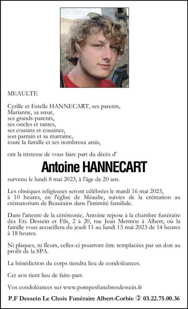 Avis de décès de Monsieur Antoine HANNECART