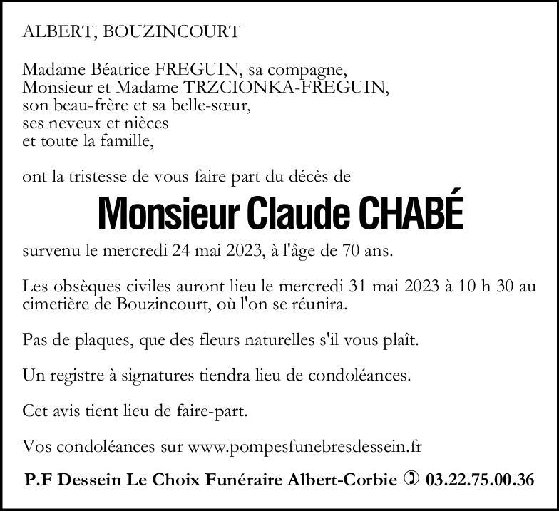 Avis de décès de Monsieur Claude CHABE