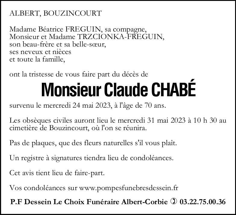Avis de décès de Monsieur Claude CHABE