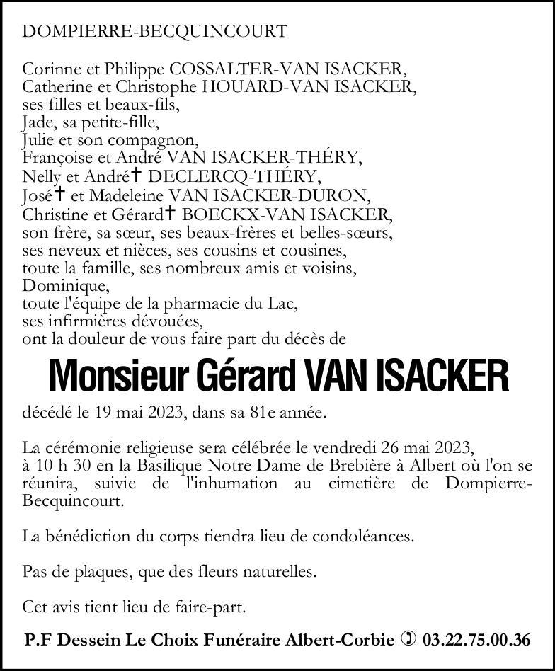 Avis de décès de Monsieur Gérard VAN ISACKER