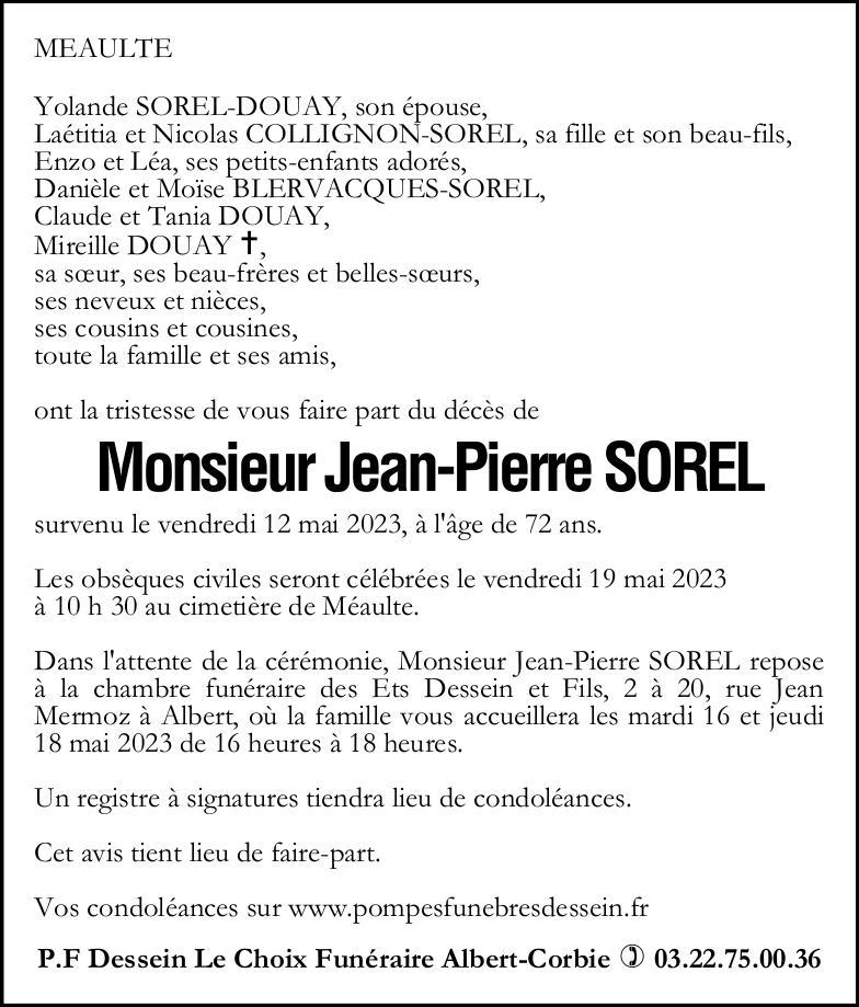 Avis de décès de Monsieur Jean-Pierre SOREL