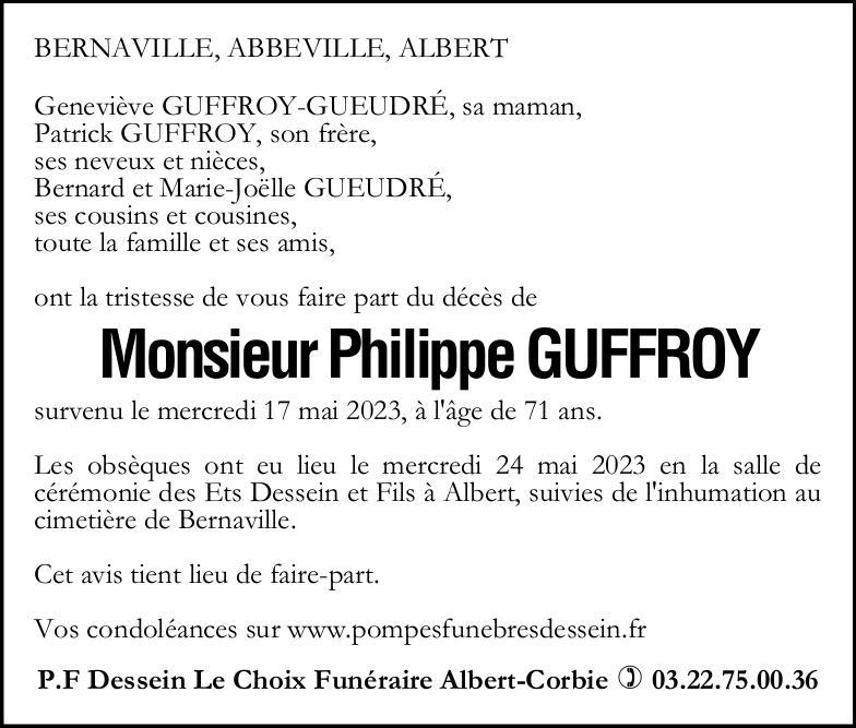 Avis de décès de Monsieur Philippe GUFFROY