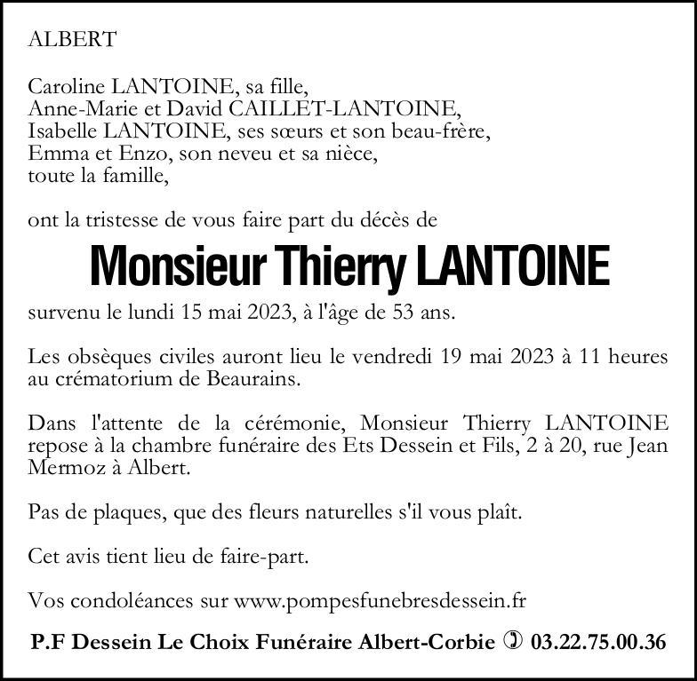 Avis de décès de Monsieur Thierry LANTOINE