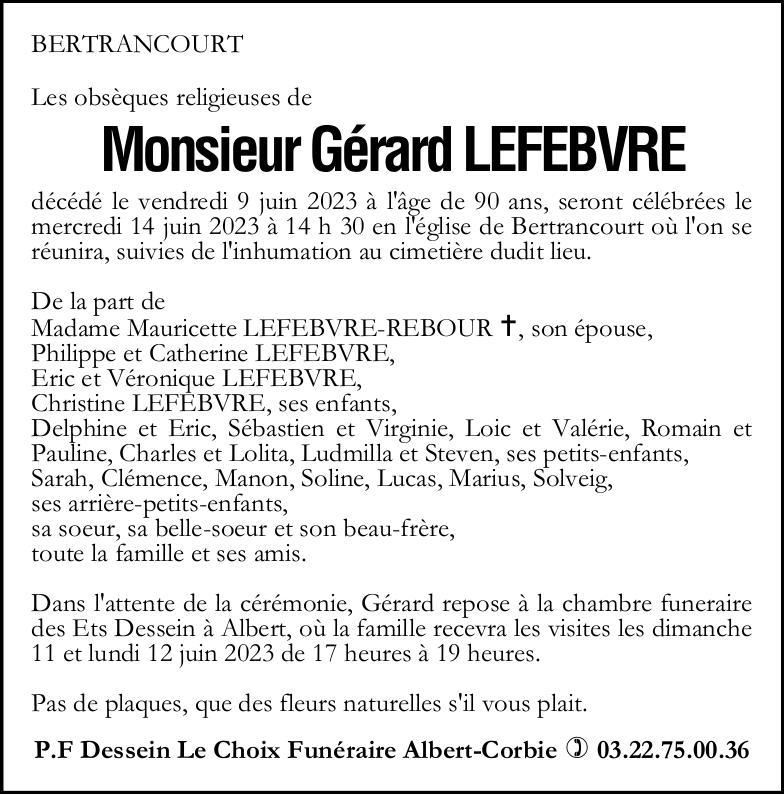 Avis de décès Gérard LEFEBVRE