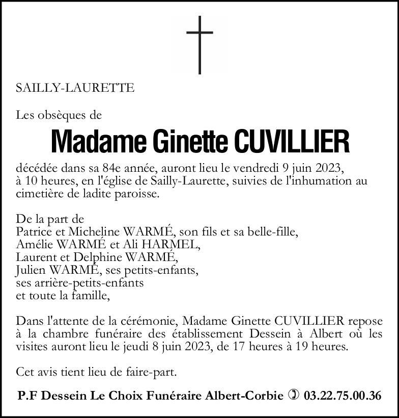 Avis de décès Ginette CUVILLIER
