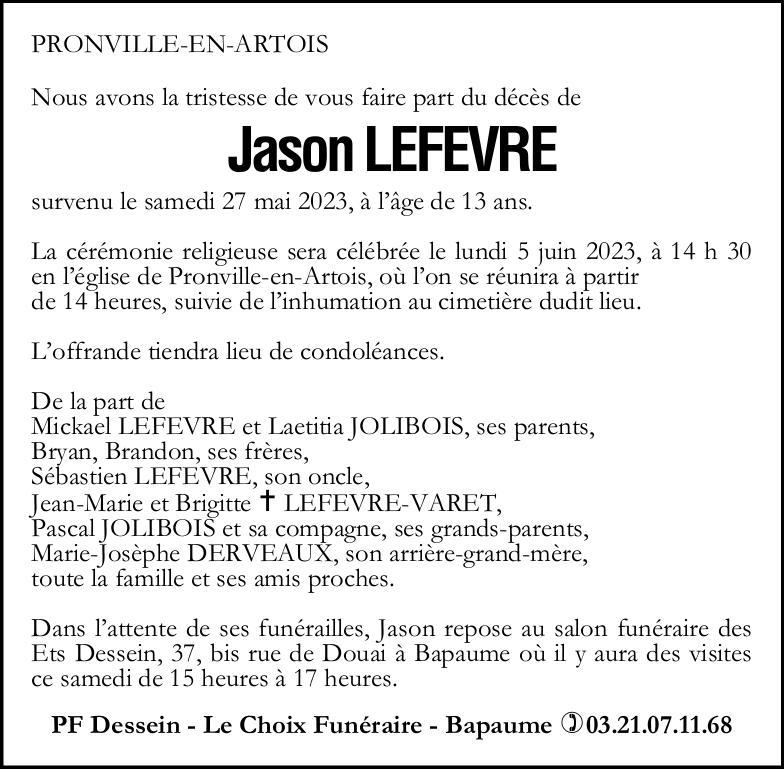 Avis de décès - Jason LEFEVRE