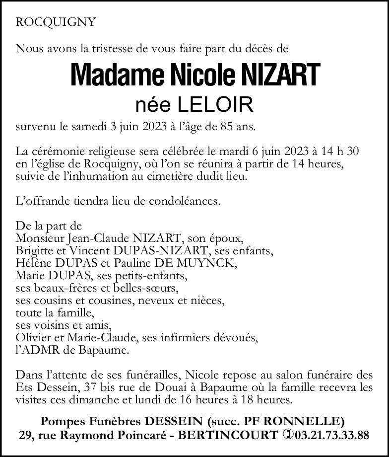 Avis de décès - Mme Nicole NIZART née LELOIR