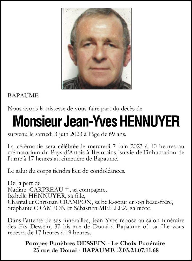 Avis de décès - Monsieur Jean-Yves HENNUYER