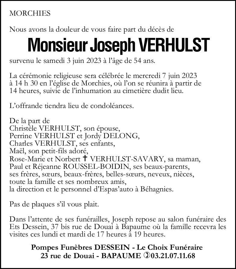 Avis de décès - Monsieur Joseph VERHULST
