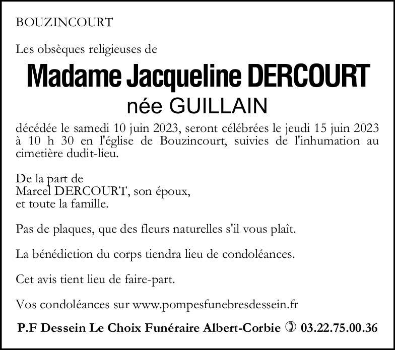 Avis de décès de Madame Jacqueline DERCOURT née GUILLAIN