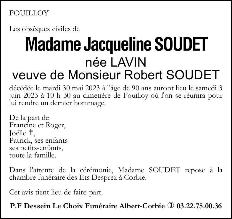 Avis de décès de Madame Jacqueline SOUDET née LAVIN