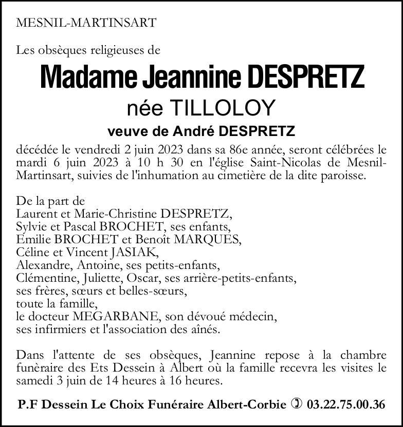 Avis de décès de Madame Jeannine DESPRETZ née TILLOLOY
