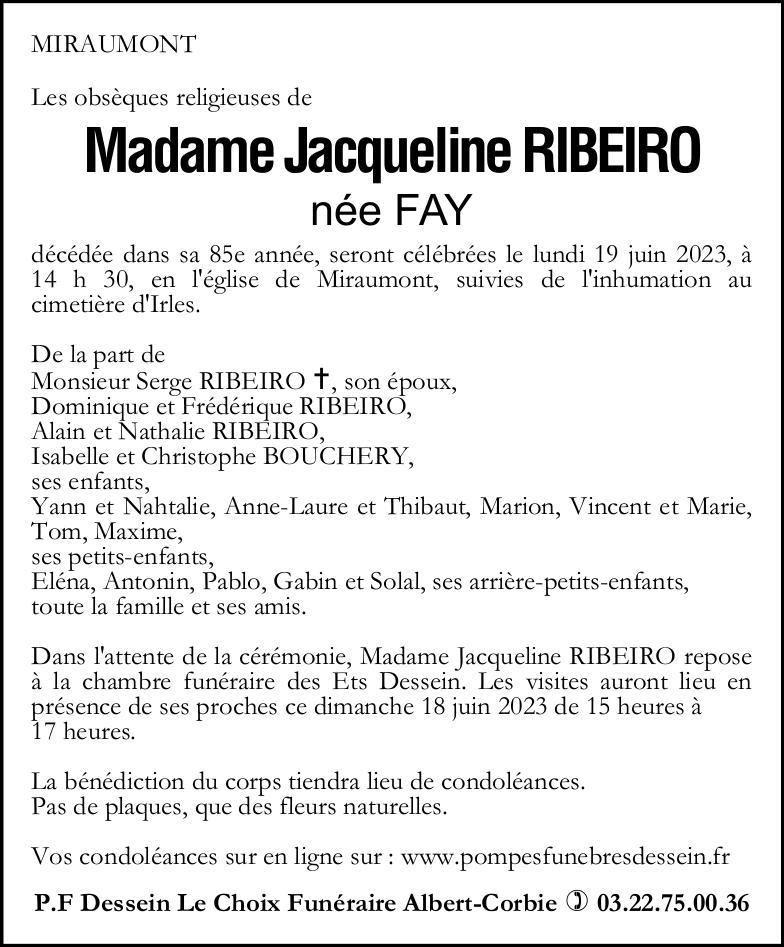 Avis de décès de Madame RIBEIRO Jacqueline née FAY