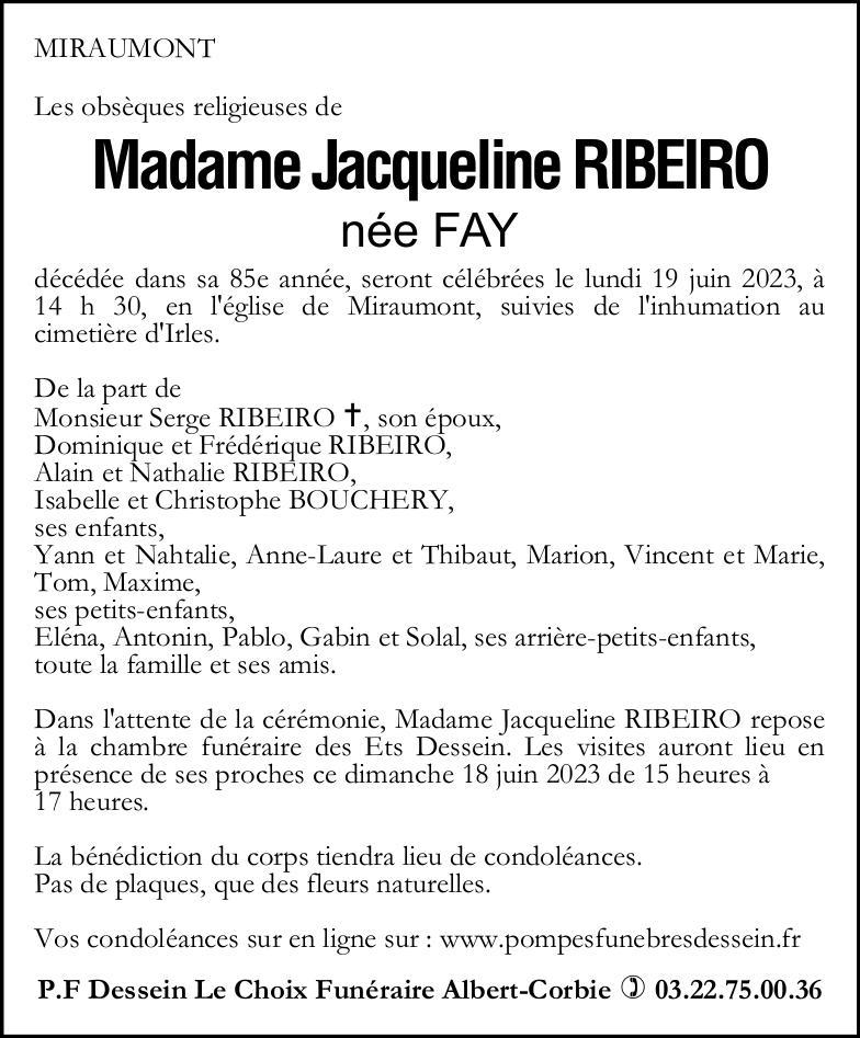 Avis de décès de Madame RIBEIRO Jacqueline née FAY