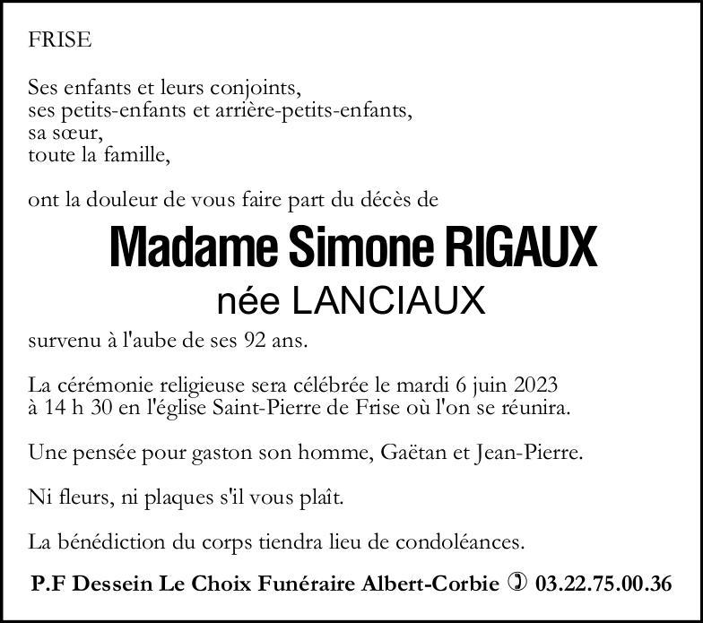Avis de décès de Madame Simone RIGAUX née LANCIAUX