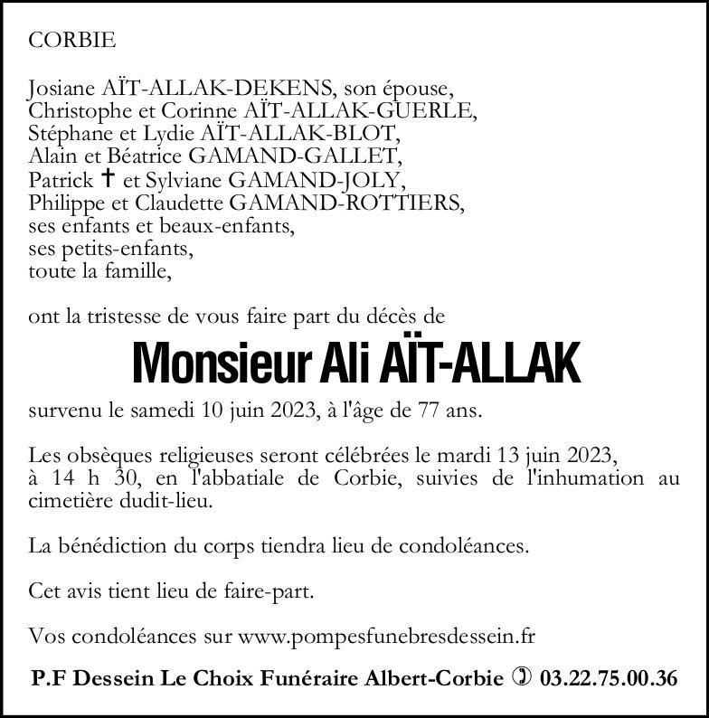 Avis de décès de Monsieur Ali AÏT-ALLAK