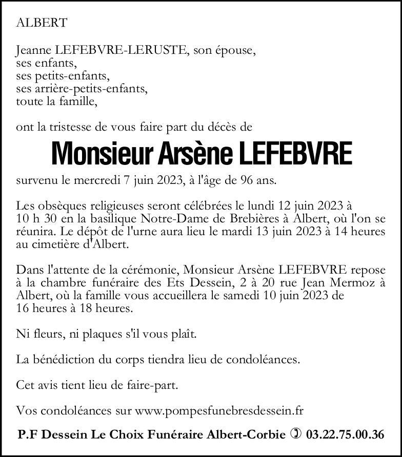 Avis de décès de Monsieur Arsène LEFEBVRE
