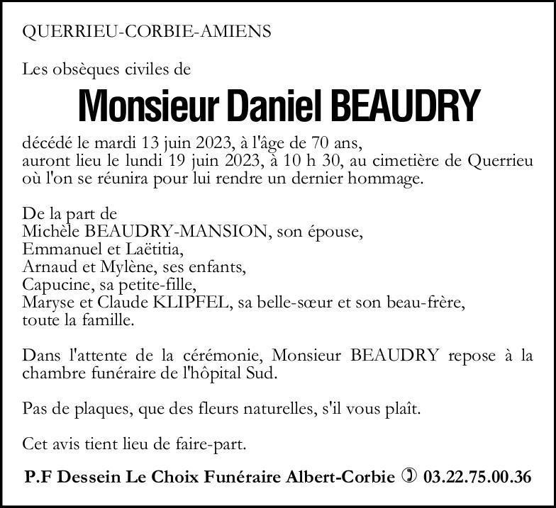Avis de décès de Monsieur Daniel BEAUDRY