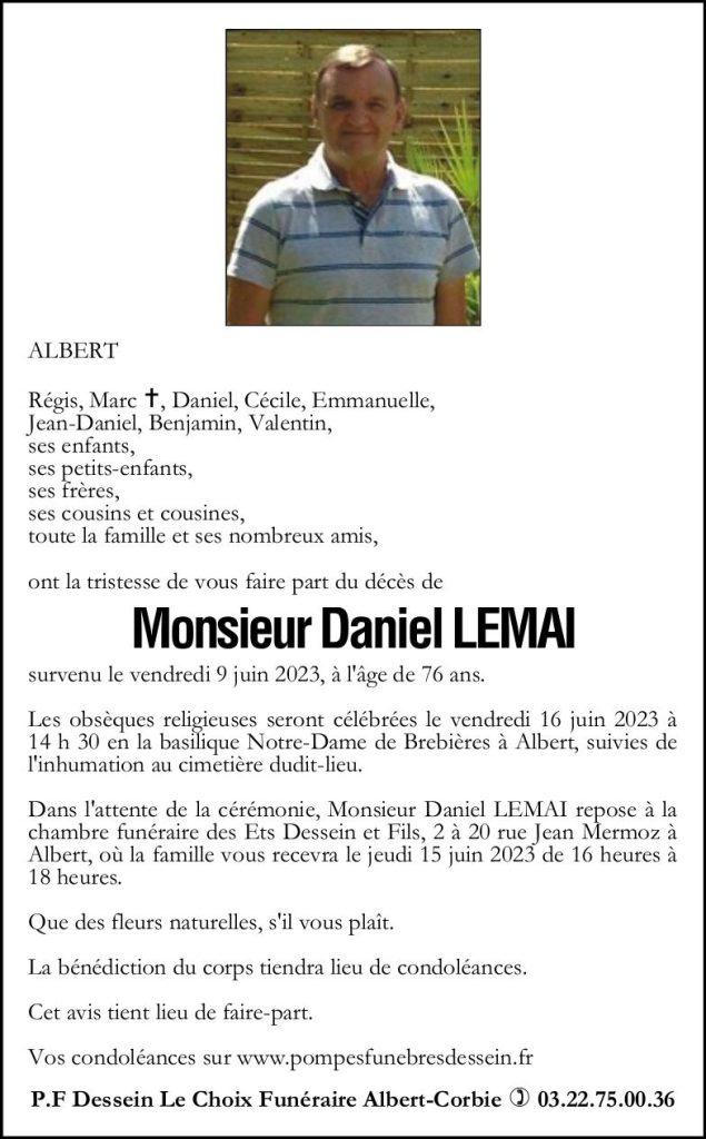 Avis de décès de Monsieur Daniel LEMAI