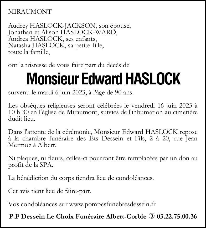Avis de décès de Monsieur Edward HASLOCK