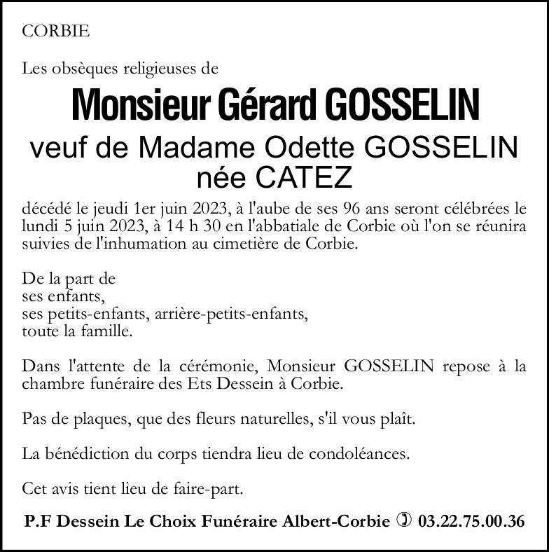 Avis de décès de Monsieur Gérard GOSSELIN