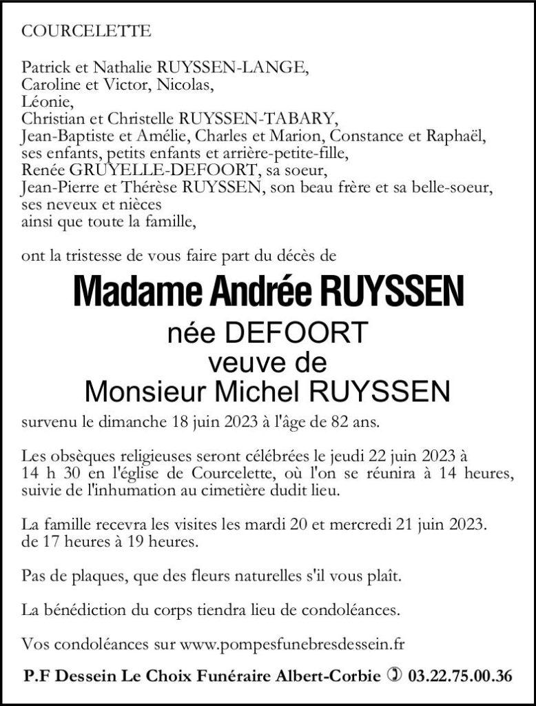 avis de décès de Madame Andrée RUYSSEN née DEFOORT