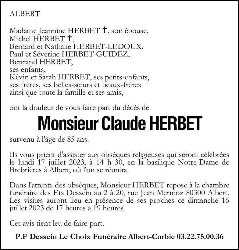 Avis de décès Claude HERBET