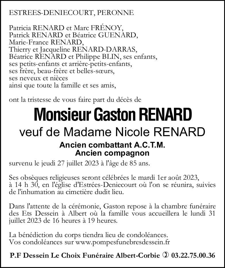 Avis de décès Gaston RENARD