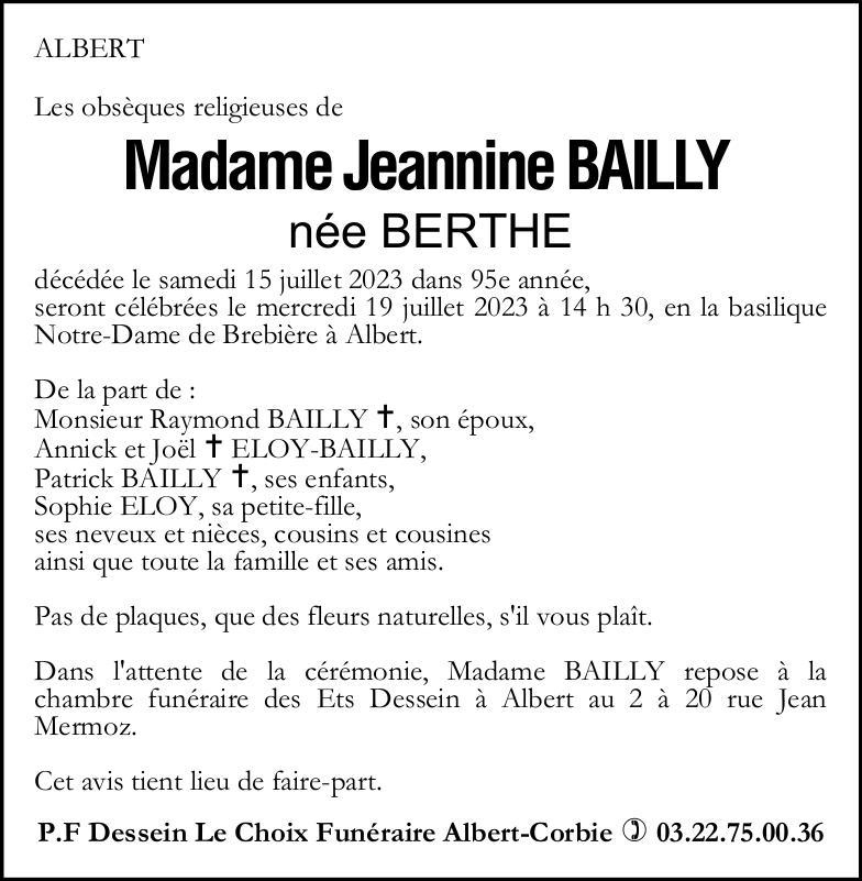 Avis de décès Jeanne BAILLY née BERTHE