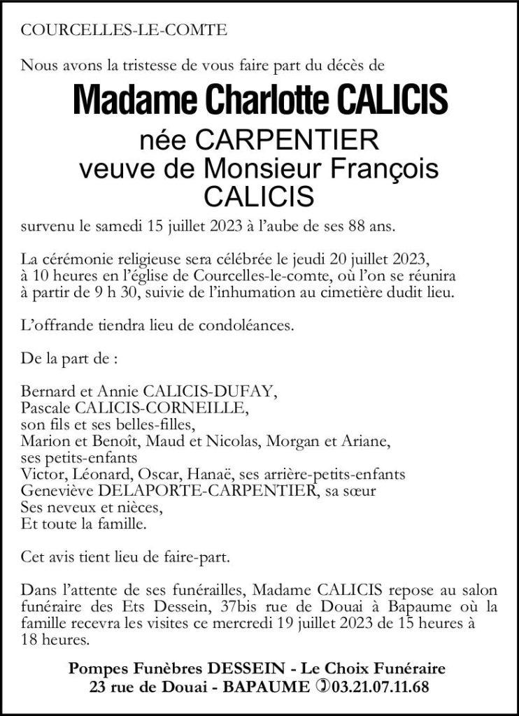 Avis de décès - Madame Charlotte CALICIS née CARPENTIER