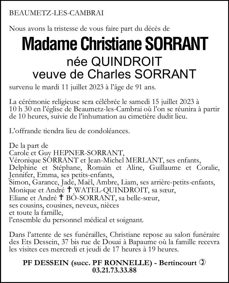 Avis de décès - Madame Christiane SORRANT née QUINDROIT