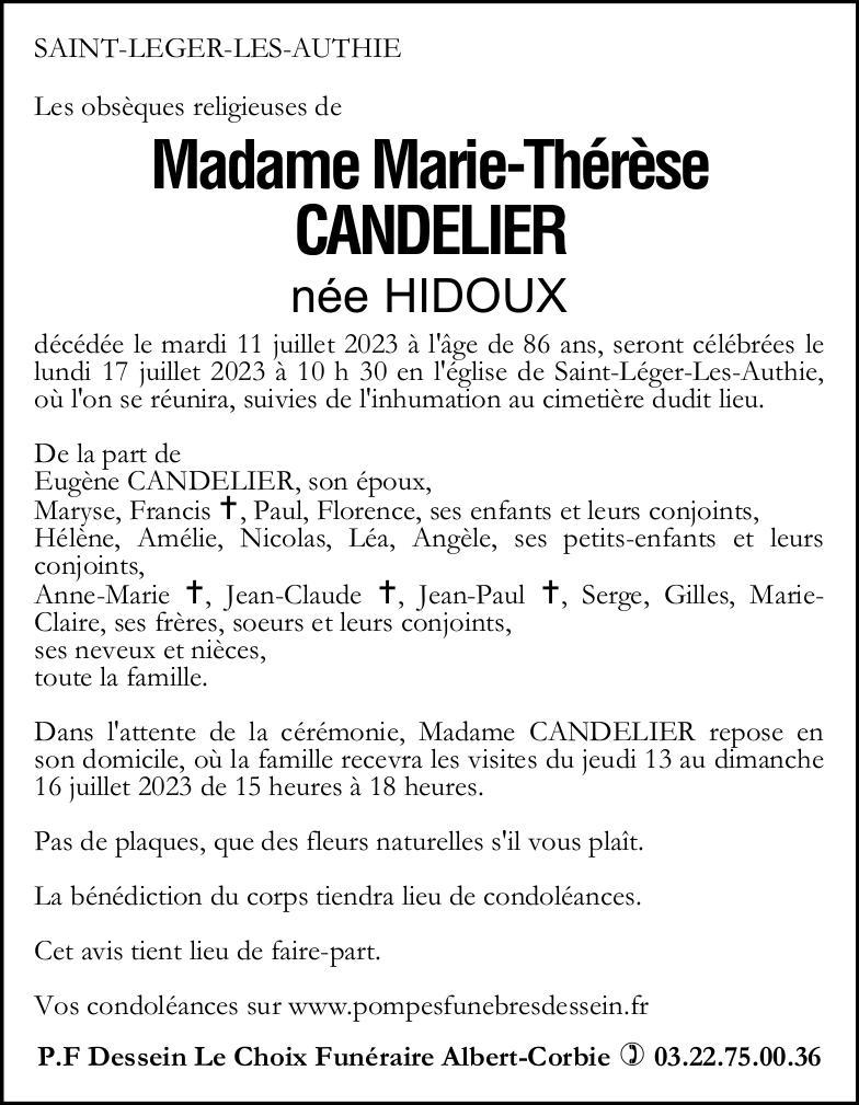 Avis de décès Marie-Thérèse CANDELIER