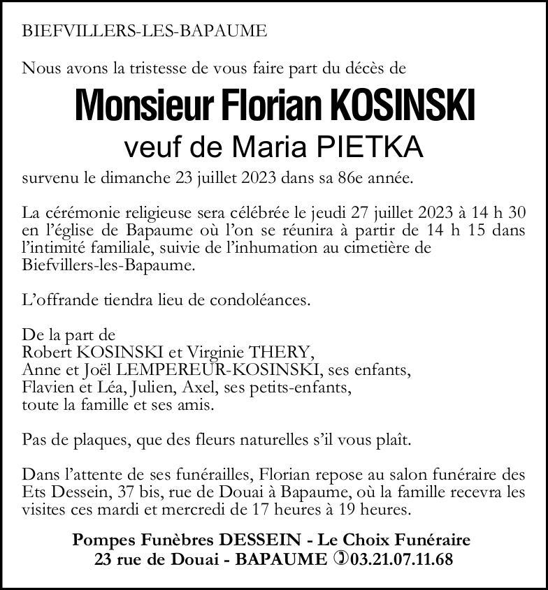 Avis de décès - Monsieur Florian KOSINSKI