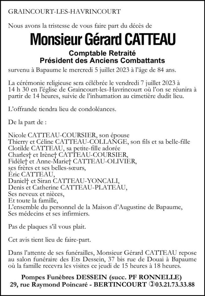 Avis de décès - Monsieur Gérard CATTEAU